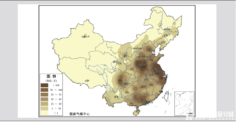 2013年全国霾日数分布示意图