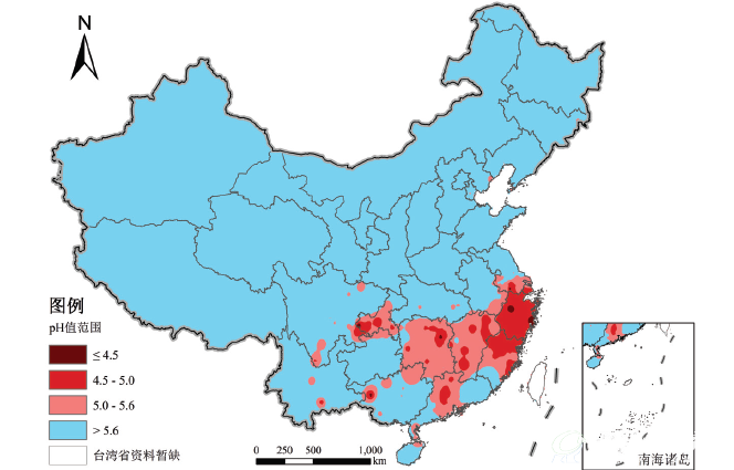 2014年全国降水pH年均值等值线分布示意图