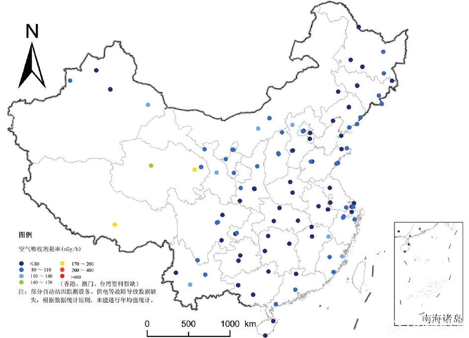 2014年全国辐射B体育·(sports)官方网站自动监测站实时连续γ辐射空气吸收剂量率分布示意图