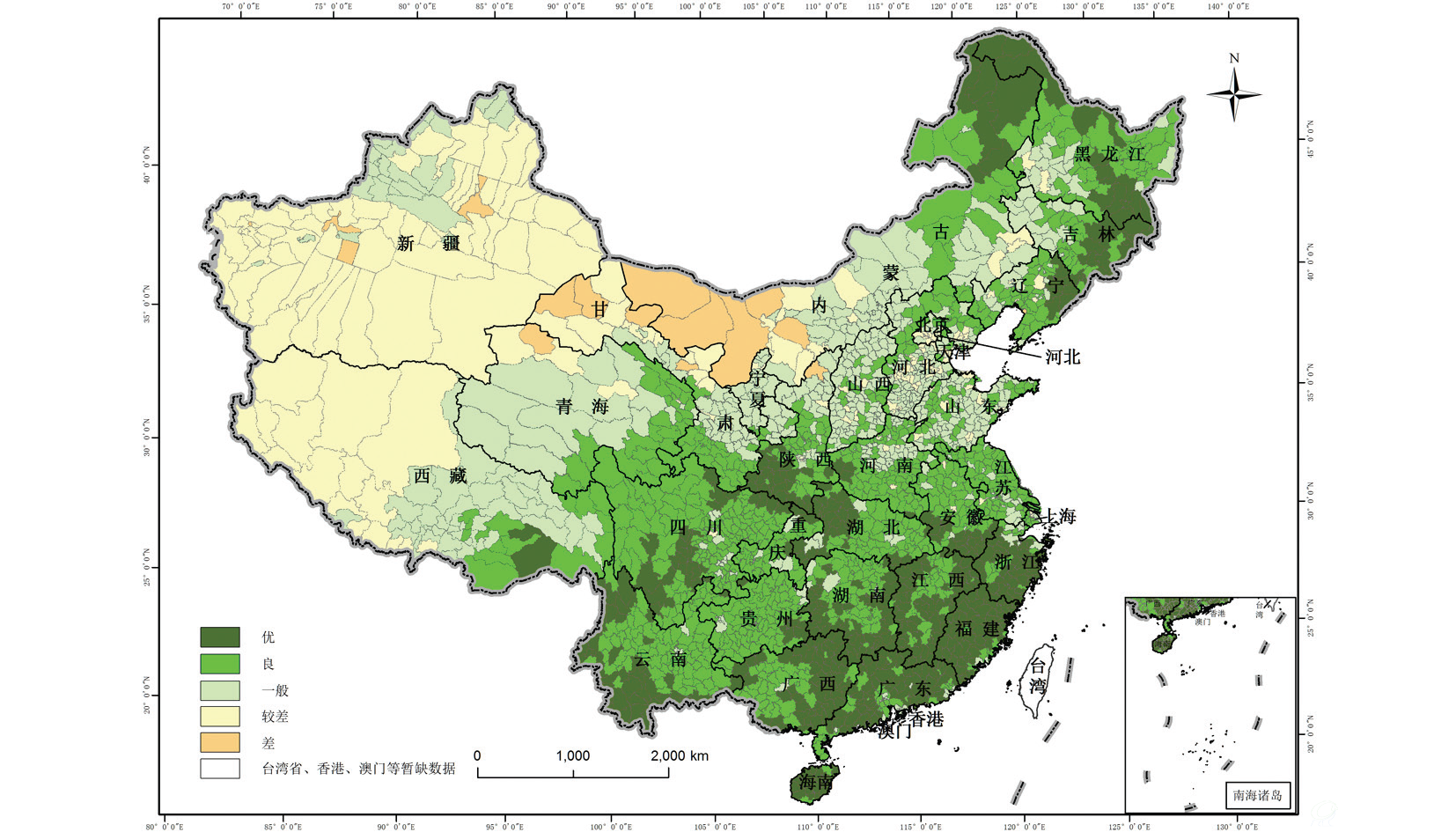 2013年全国县域生态B体育·(sports)官方网站质量分布示意图