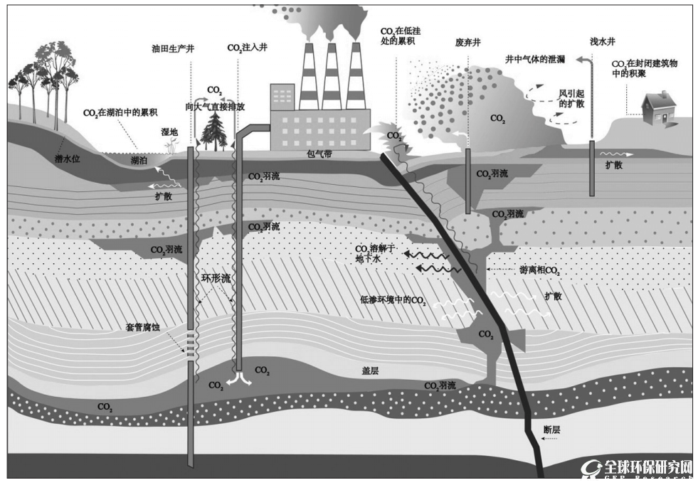 二氧化碳地质封存的二氧化碳泄漏源、通道和可能的受体。