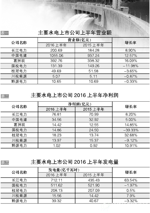 主要水电上市公司上半年营业额、净利润、发电量